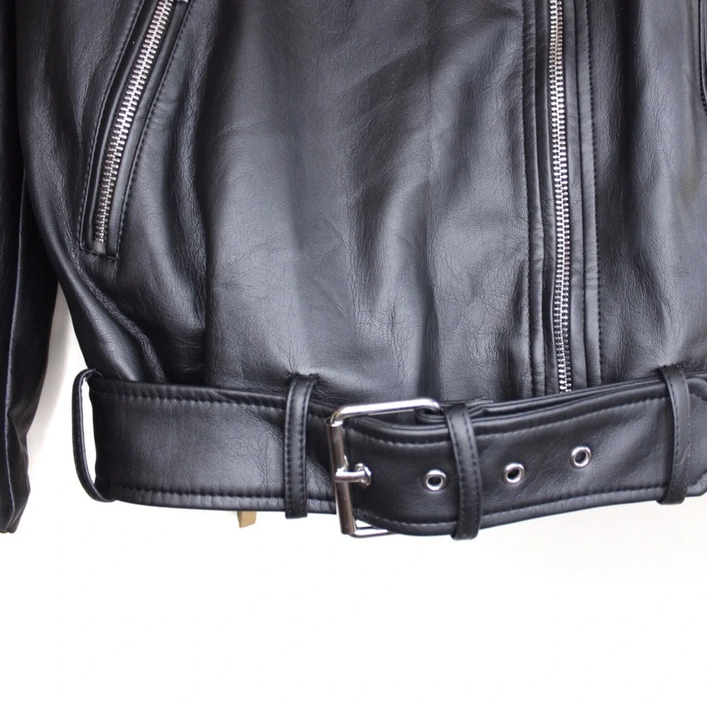 Zara Vegan Leather Edgy Moto Biker Jacket XS Girls Rule Slogan Bloggers Favorite - Picture 8 of 16